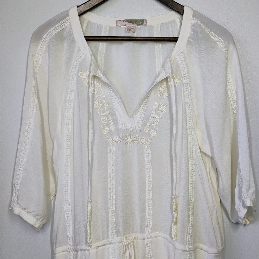 Forever‎ 21 Y2K Embroidered Tie Waist Dress Tassels Ivory Cottage Size Medium